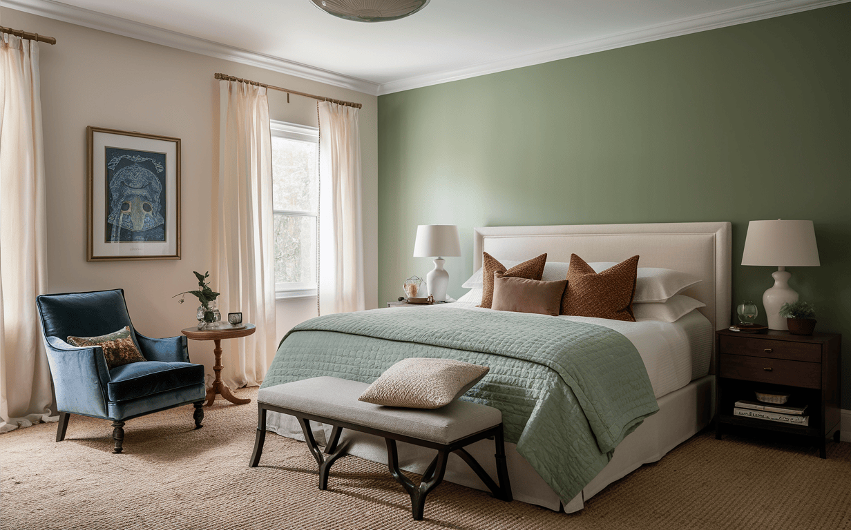 Elegant master bedroom interior design with sage green wall and cozy layered bedding setup