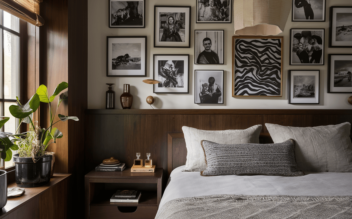 Modern bedroom interior design with gallery wall, indoor plants and cozy textures