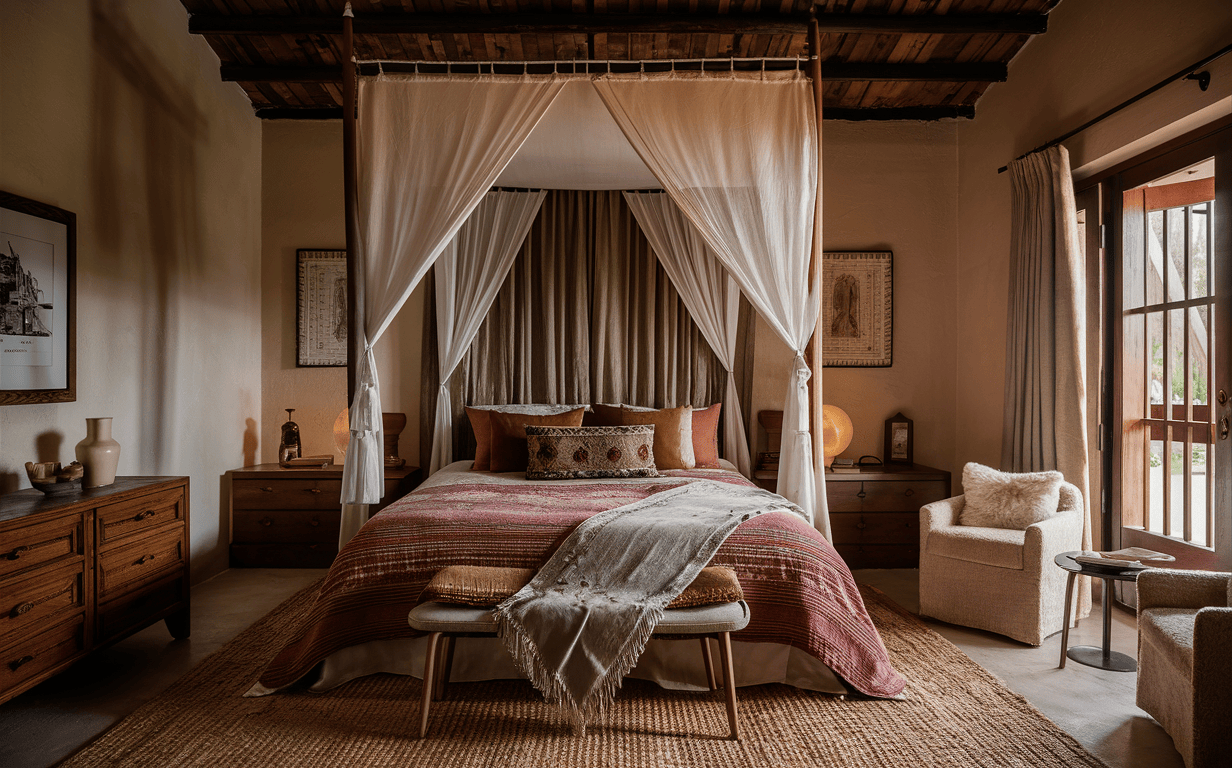 Rustic bedroom interior design with wooden ceiling, canopy bed and earthy tones