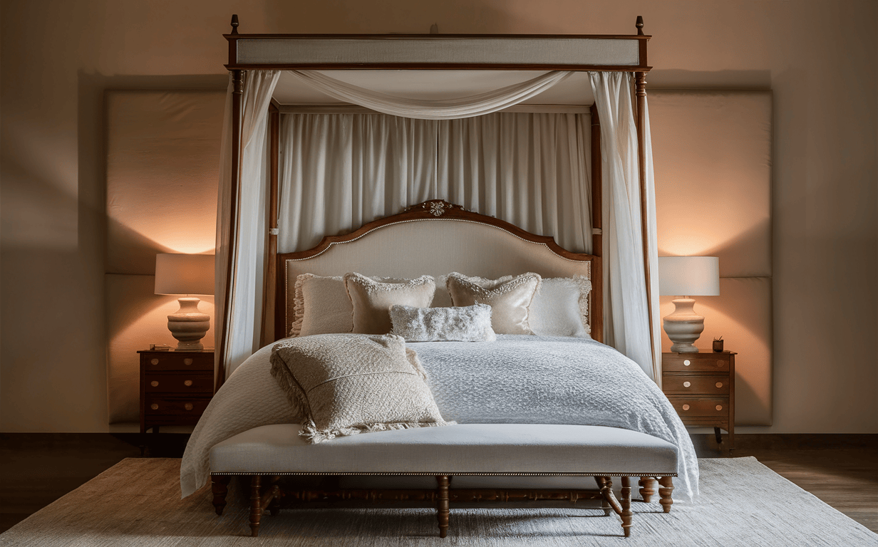 Classic master bedroom interior design with canopy bed, warm lighting and layered textures