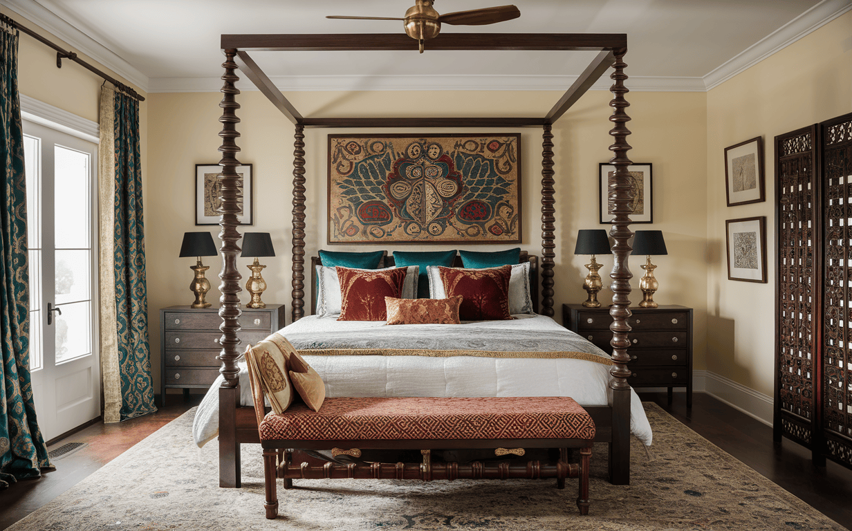 Traditional Indian bedroom with carved four-poster bed and heritage textile artwork