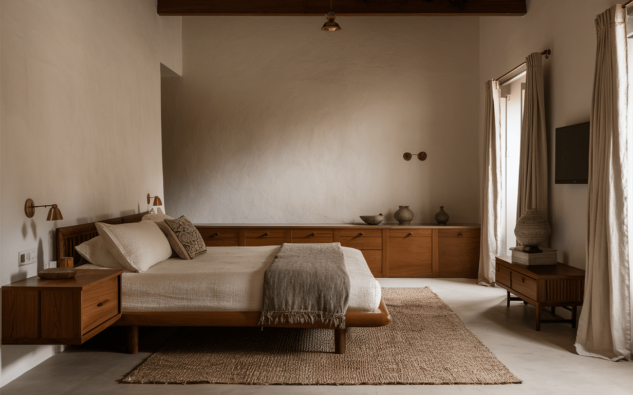 Minimalist master bedroom interior design with rustic wood tones and earthy textures