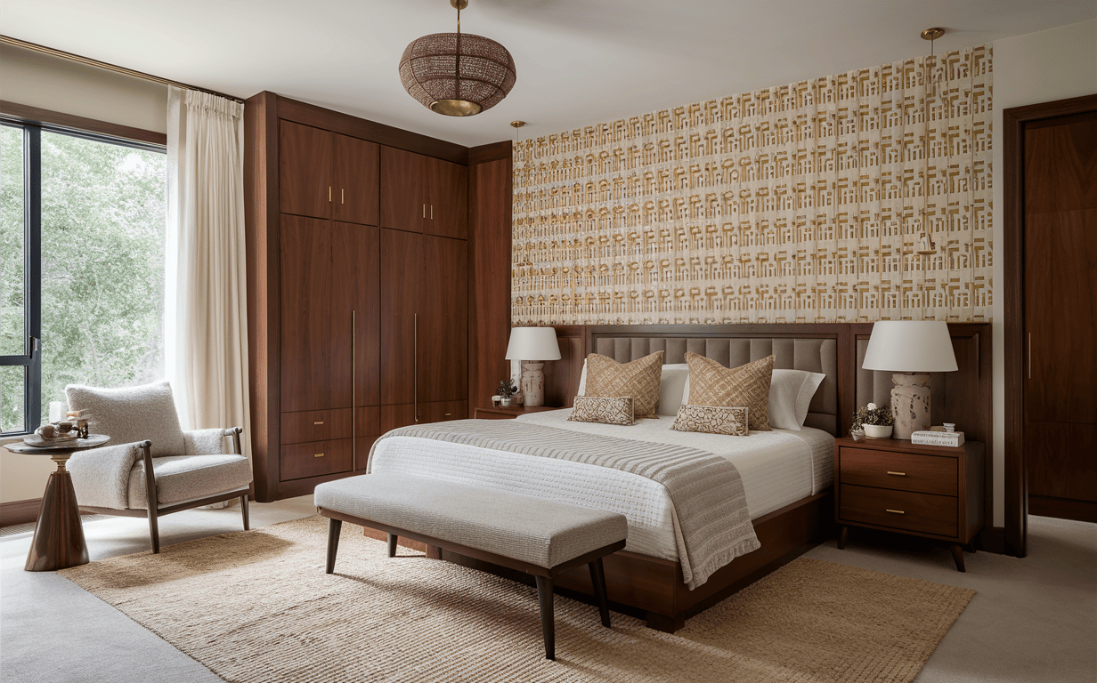 Cozy master bedroom interior design with wood accents, wallpaper backdrop and warm lighting