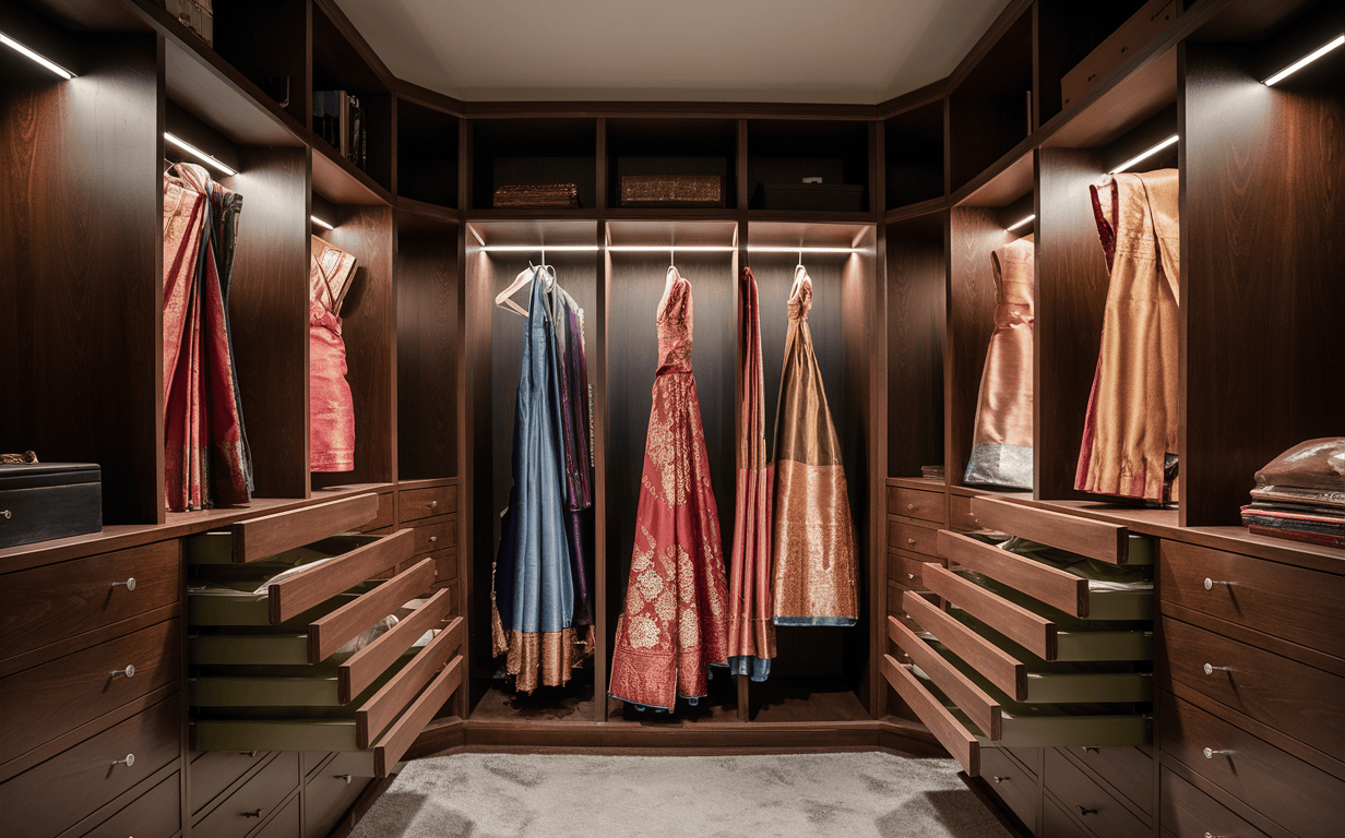 Ethnic-wear modern bedroom cupboard designs with dark wood finish and spotlighting