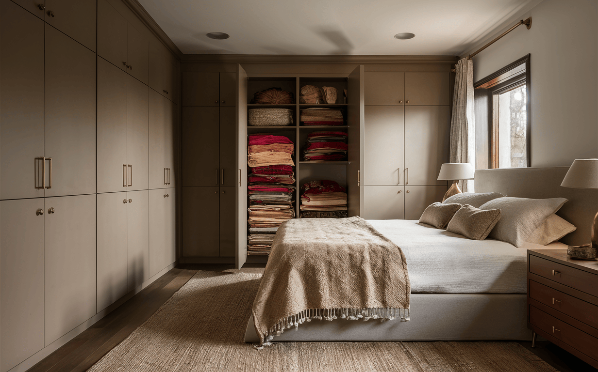 Organised modern bedroom cupboard designs with linen shelving and neutral tones
