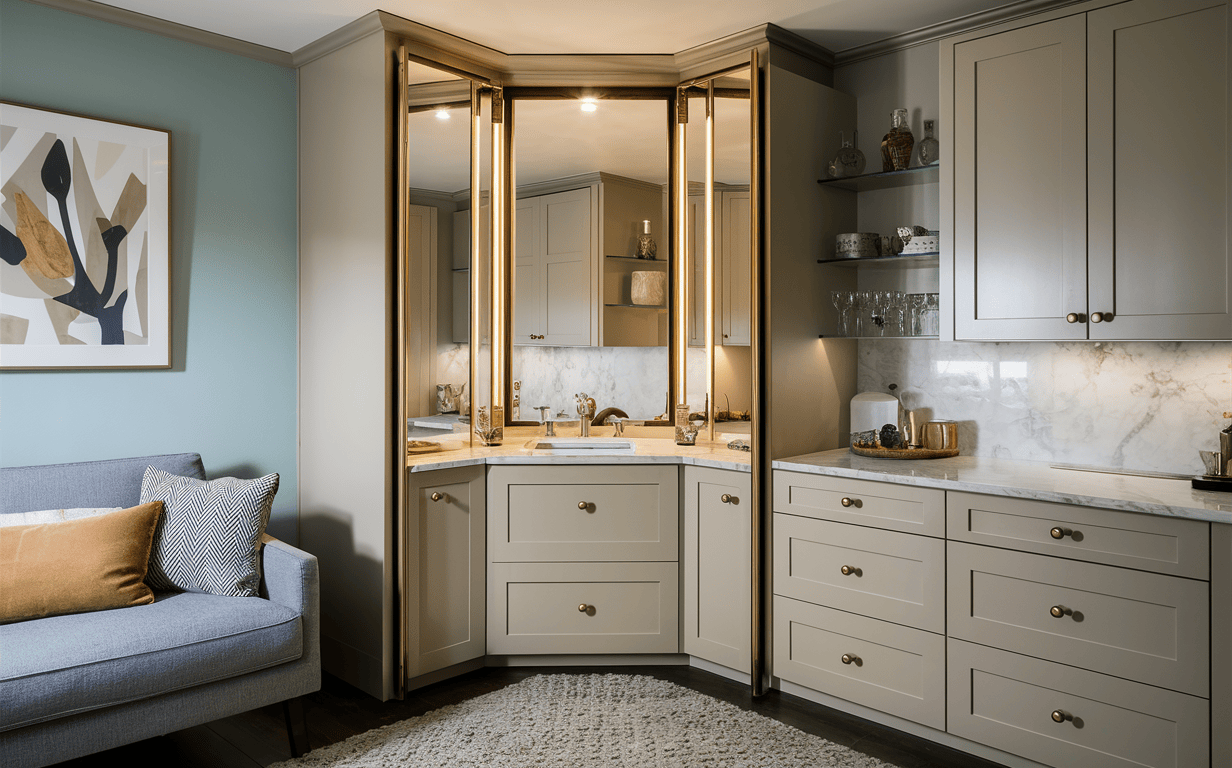 Modular wardrobe design with mirror vanity and luxury beige storage cabinets