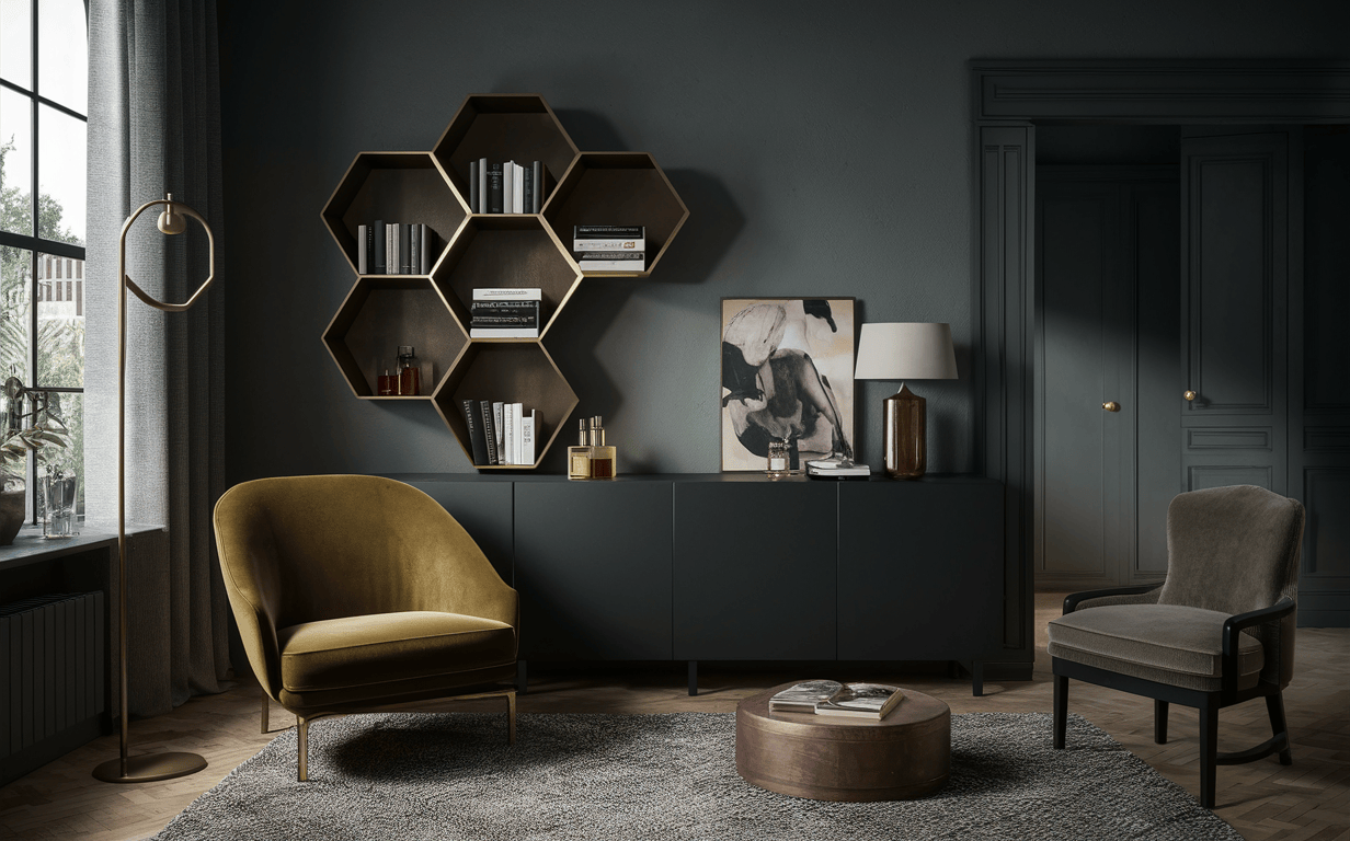 Moody modern bedroom cupboard designs with hexagon shelves and black sideboard