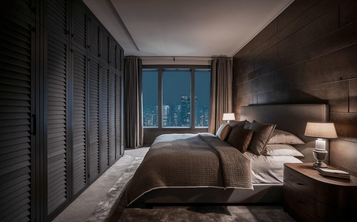 Louvered modern bedroom cupboard designs with city view and warm night lighting