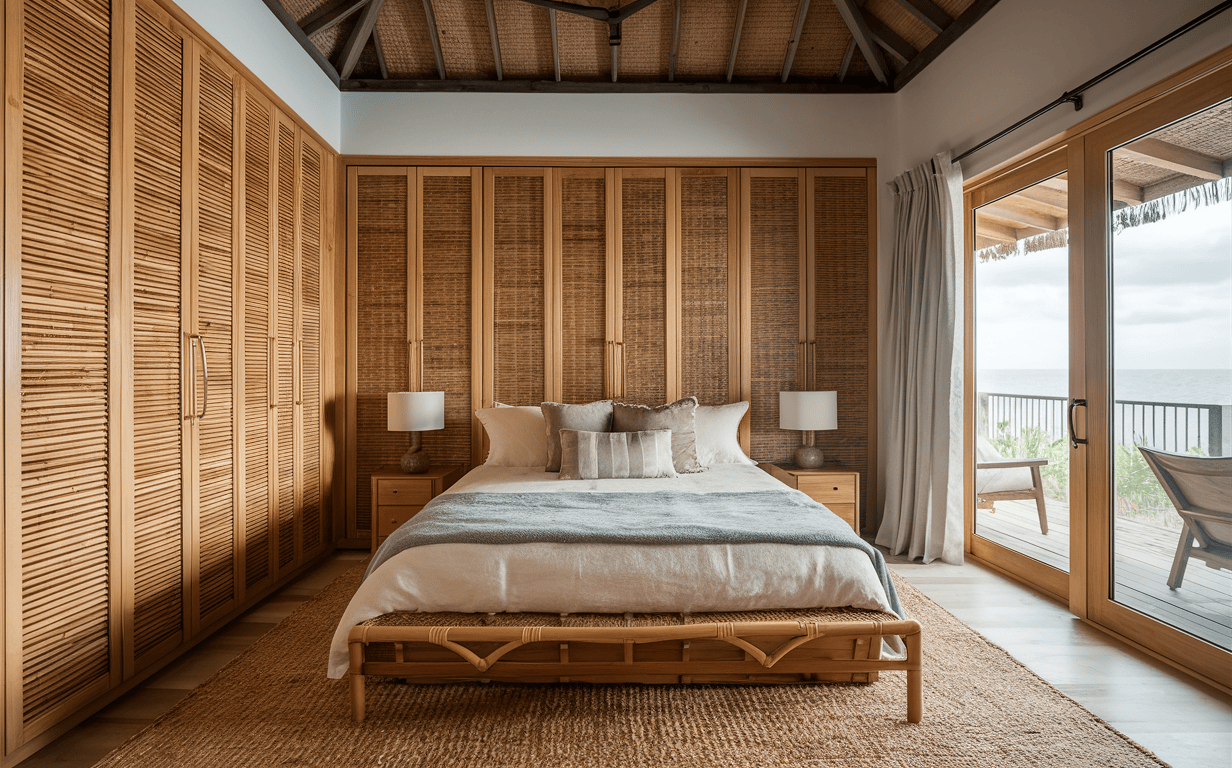 Coastal modern bedroom cupboard designs with bamboo textures and rattan shutters