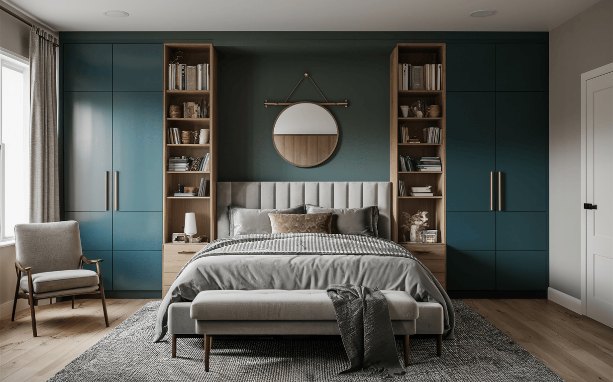 Teal-toned modern bedroom cupboard designs with open bookshelves and sleek handles