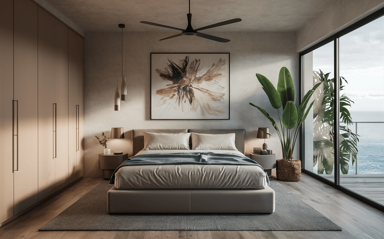 Coastal modern bedroom cupboard designs with beige wardrobes and ocean-view balcony