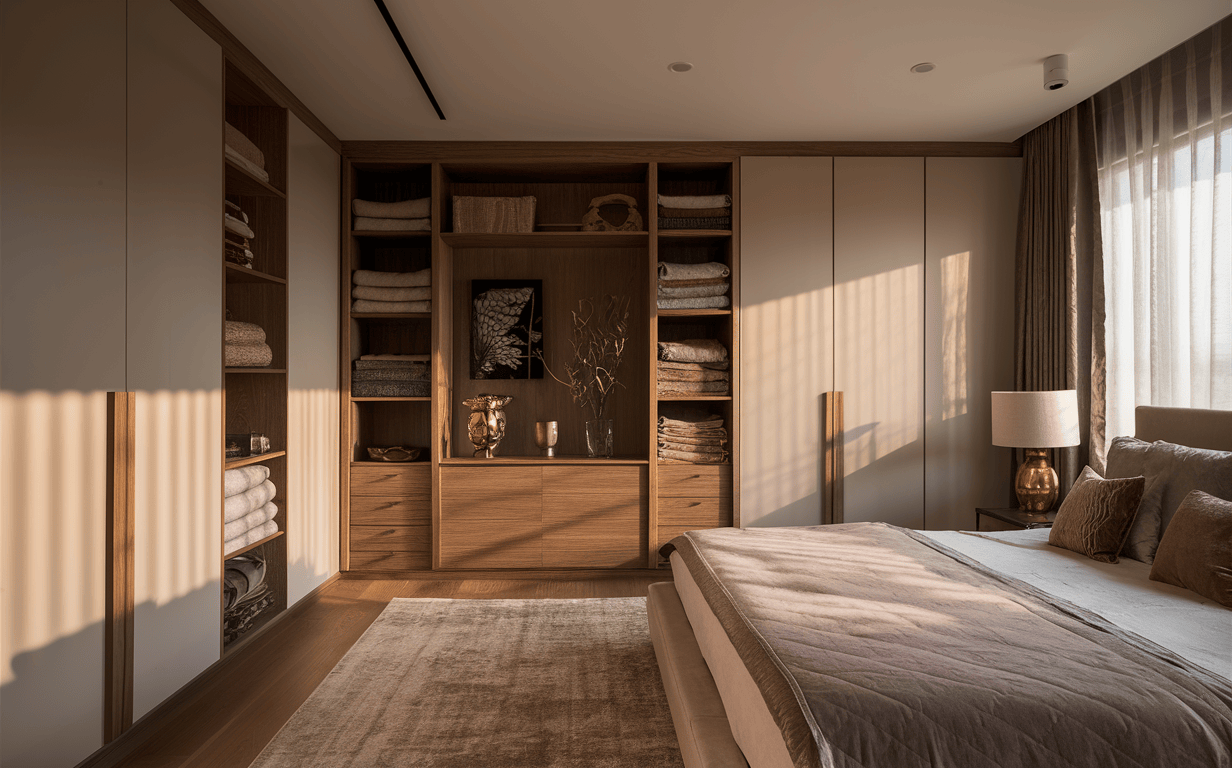 Elegant modern bedroom cupboard designs with soft lighting and open storage