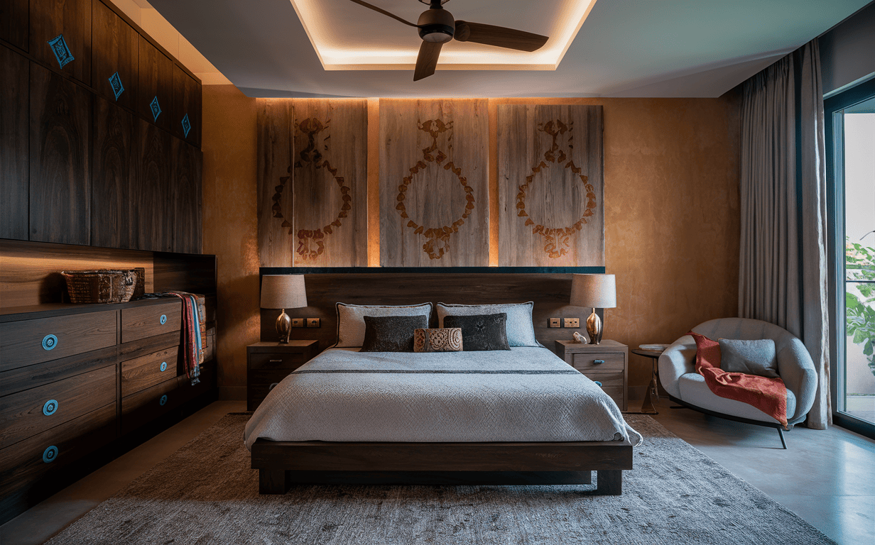 Rustic modern bedroom cupboard designs with wooden finishes and heritage accents
