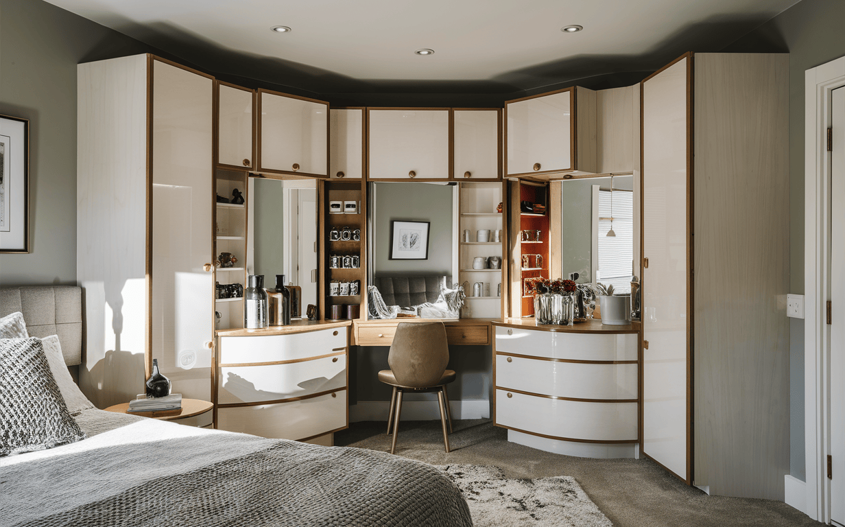 Corner-fitted modern bedroom cupboard designs with glossy finish and vanity unit