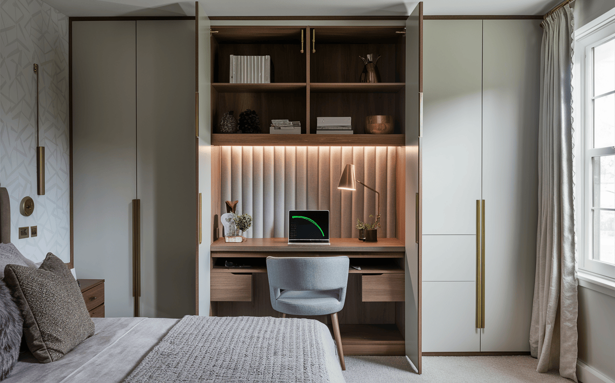 Integrated modern bedroom cupboard designs with fold-out study and ambient lighting