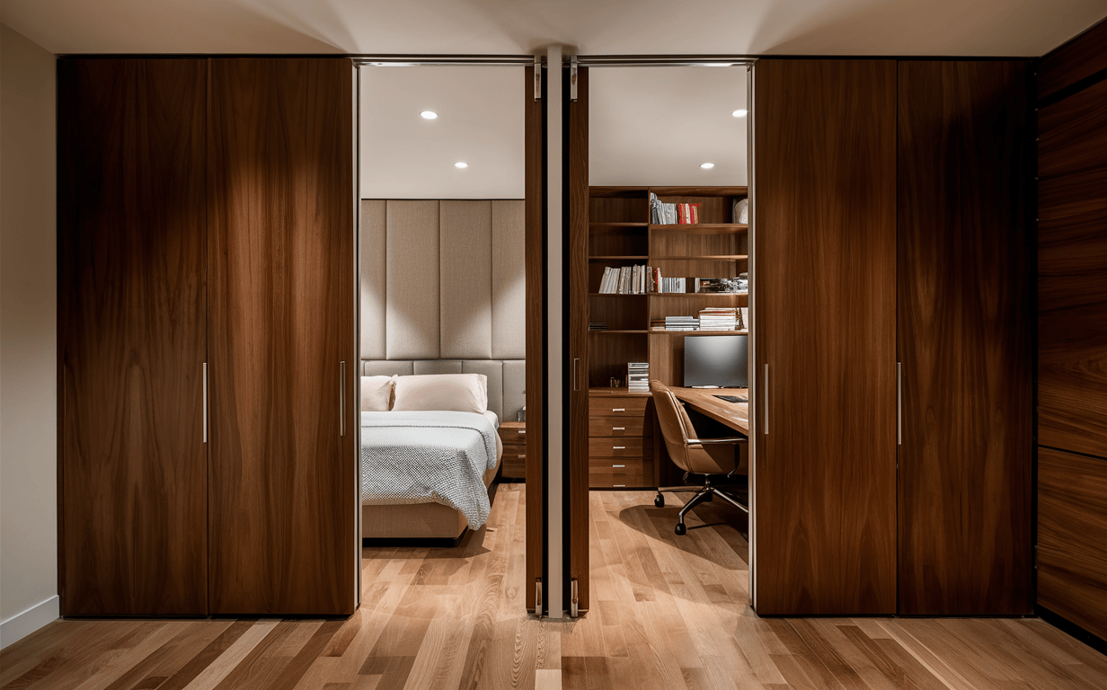 Dual-purpose modern bedroom cupboard designs with foldable study partition unit