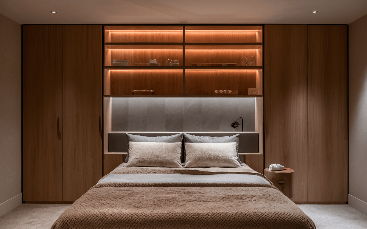 Compact modern bedroom cupboard designs with backlit headboard and wood panels