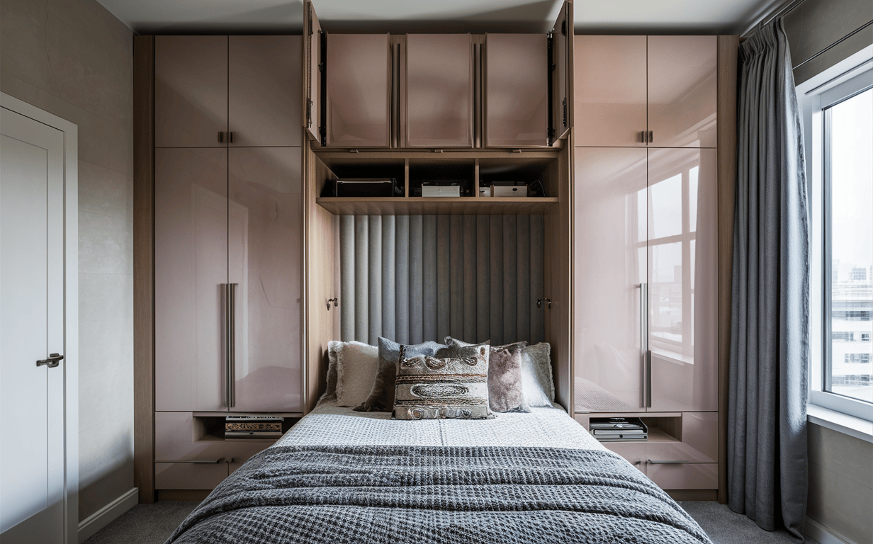 Blush-toned modern bedroom cupboard designs with built-in headboard and lofts