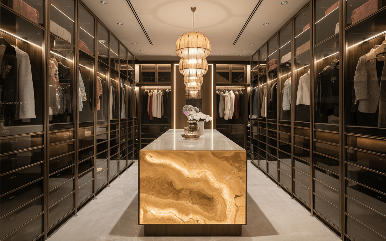 Luxurious modern bedroom cupboard designs with glass shutters and island unit