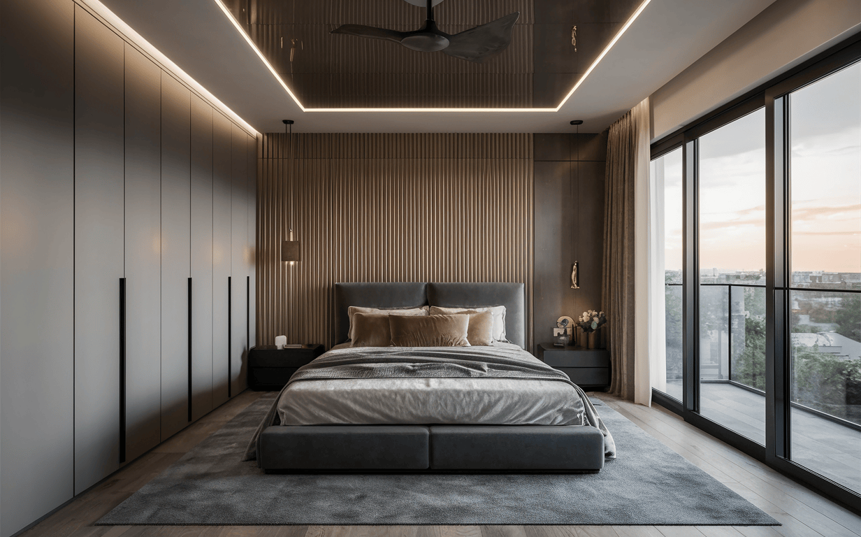 Minimalist modern bedroom cupboard designs with full-height matte grey shutters