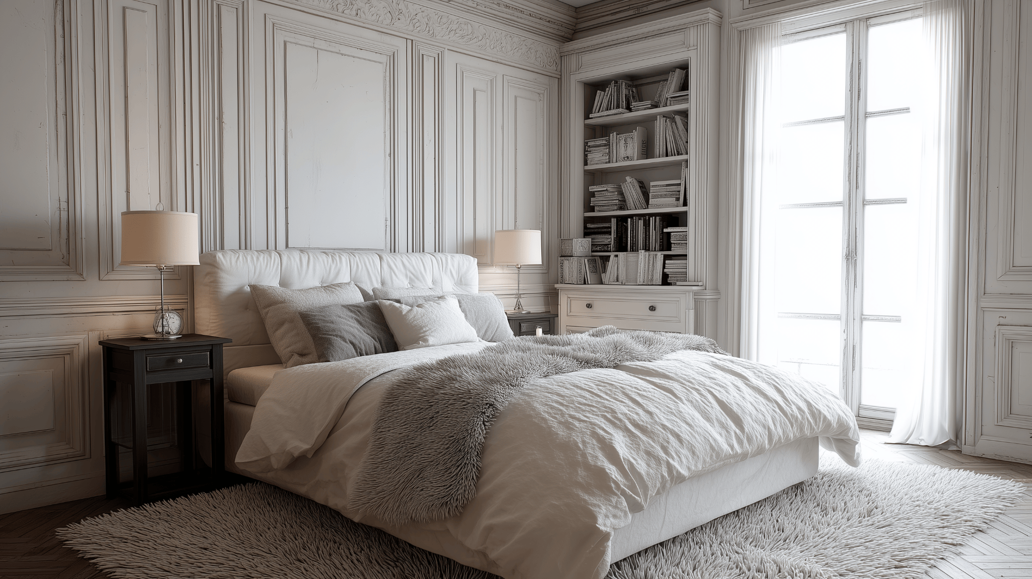 Elegant master bedroom design with cozy white bedding and soft lighting accents