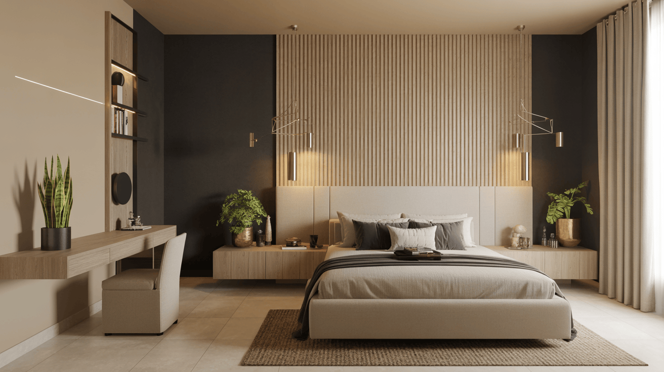 Minimalist master bedroom wall design with wood panel backdrop and indoor plants