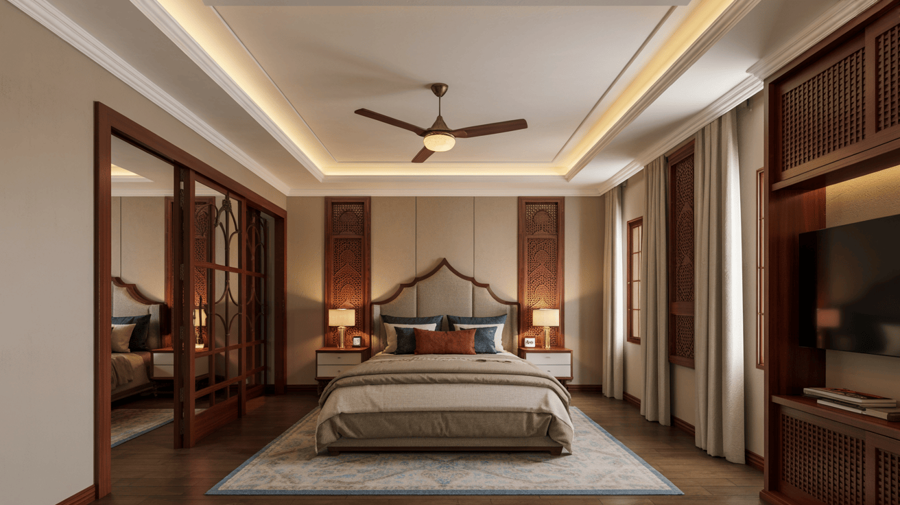 Elegant master bedroom ceiling design with recessed lighting and wooden fan detailing