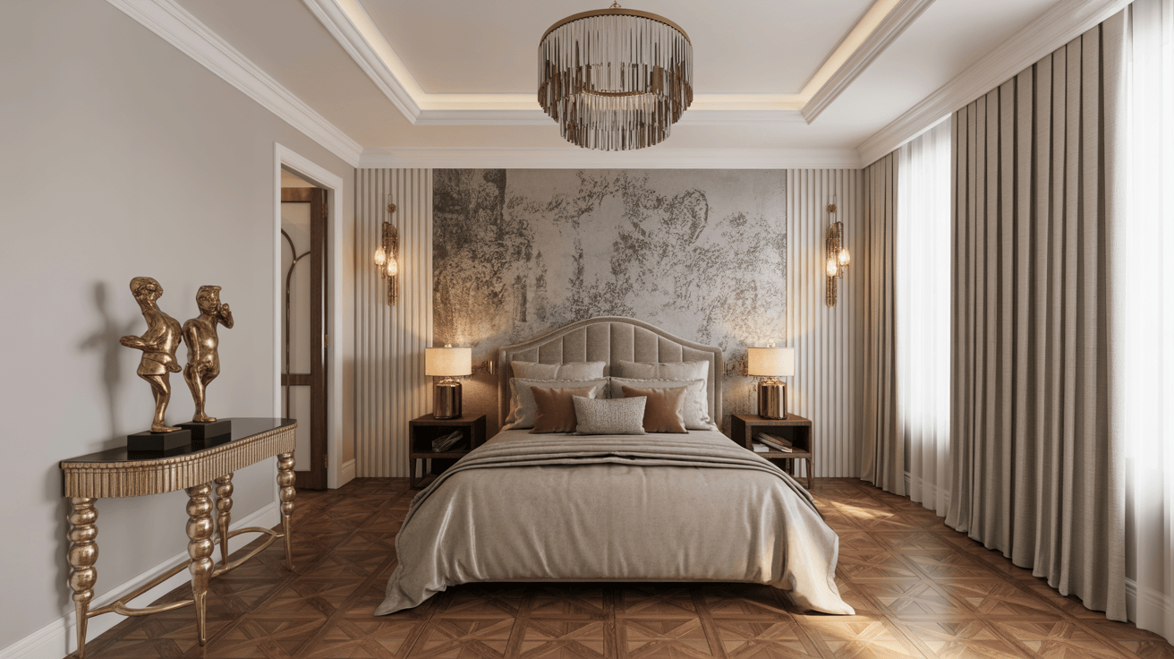Opulent master bedroom wall design with textured mural and golden ambient lighting