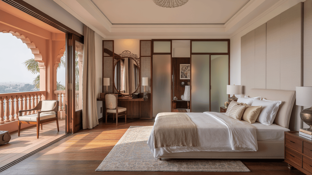 Airy master bedroom design with balcony view, classic dresser, and soft color tones