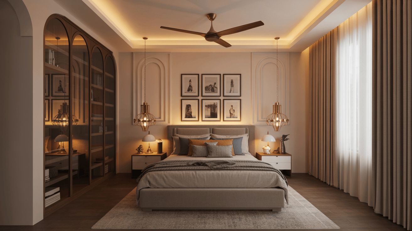 Elegant master bedroom ceiling design with recessed lighting and modern fan