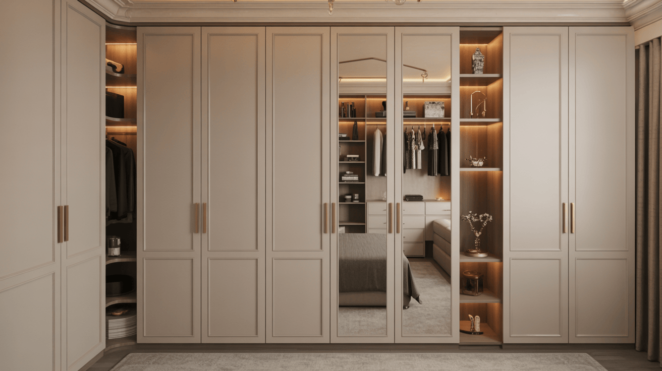 Modern master bedroom wardrobe design with mirror panels and backlit open shelves