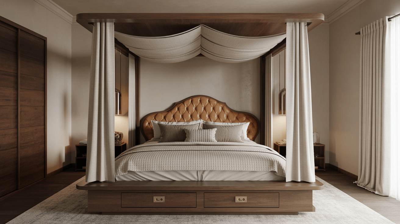 Chic master bedroom bed design with four-poster canopy and tufted leather headboard