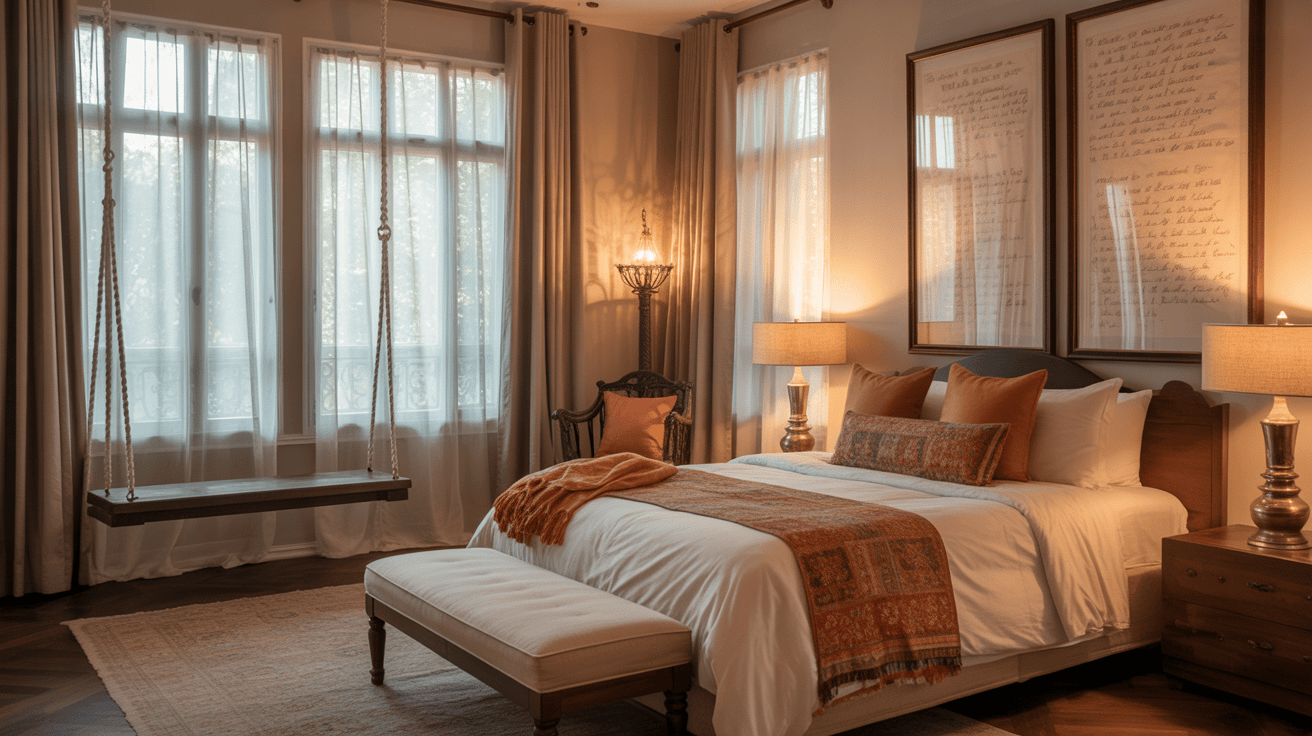 Vintage master bedroom interior design with swing, warm lighting and script wall art