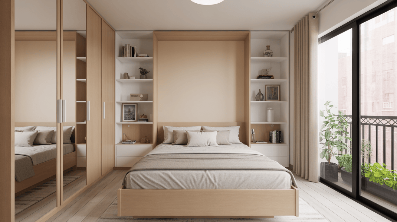 Compact master bedroom design with mirror wardrobe and built-in shelf storage