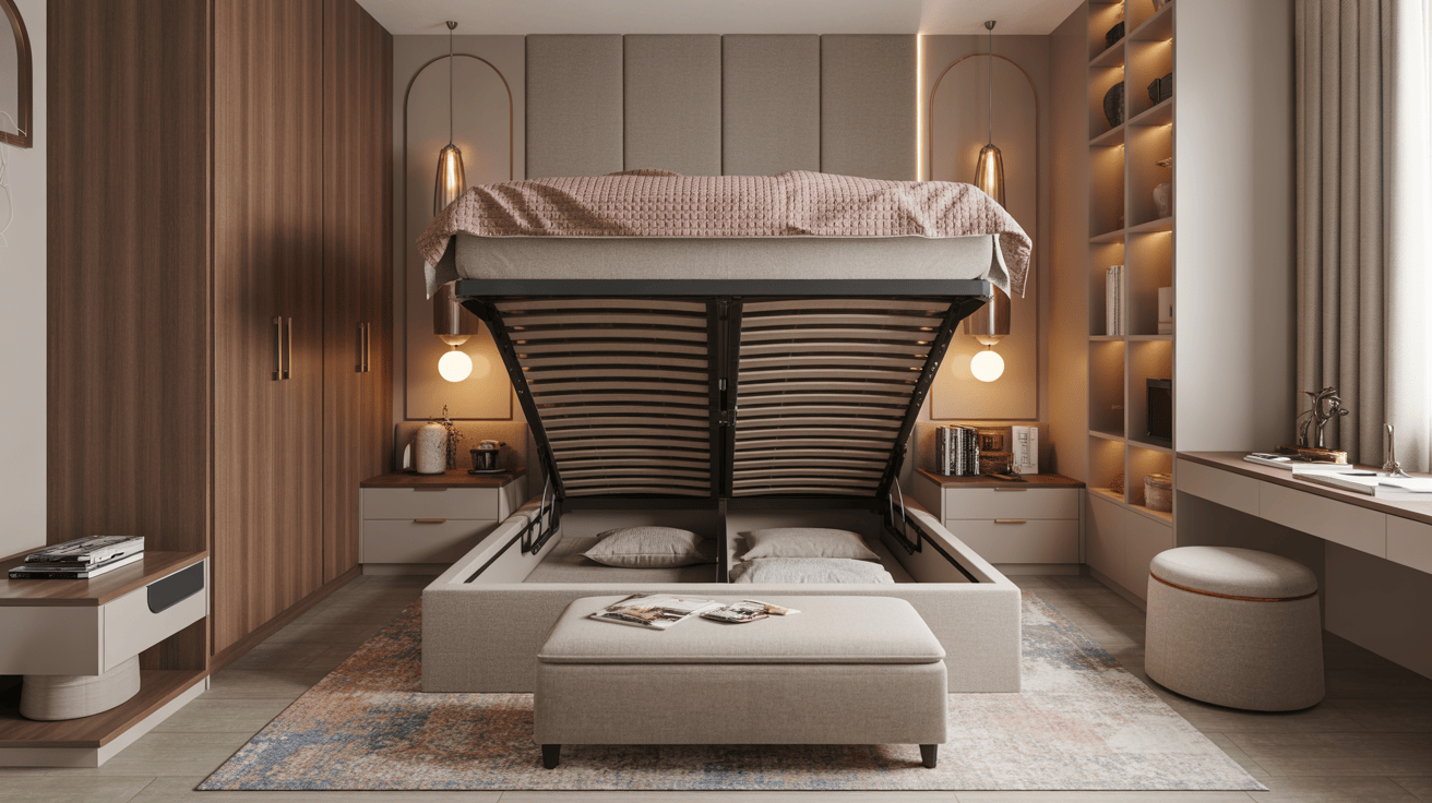 Smart small bedroom interior design with under-bed storage idea