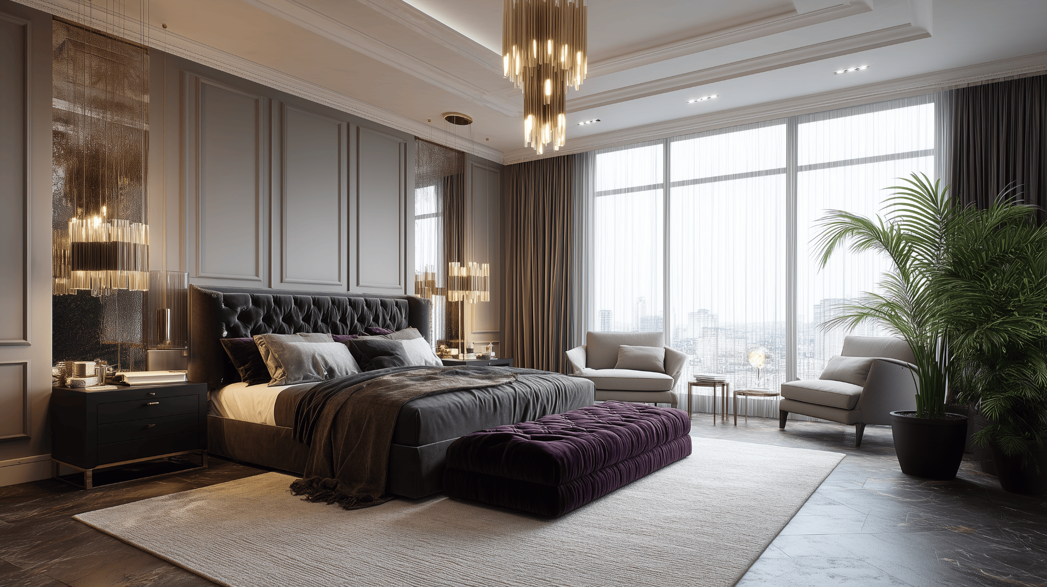Elegant small bedroom interior design with luxe dark velvet accents
