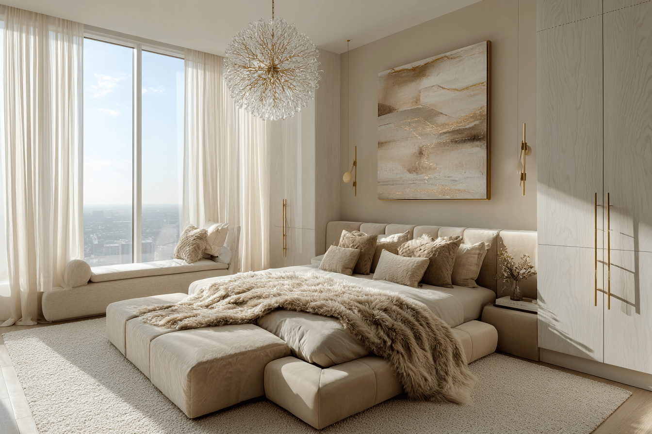 Elegant small bedroom interior design with cozy beige and gold elements