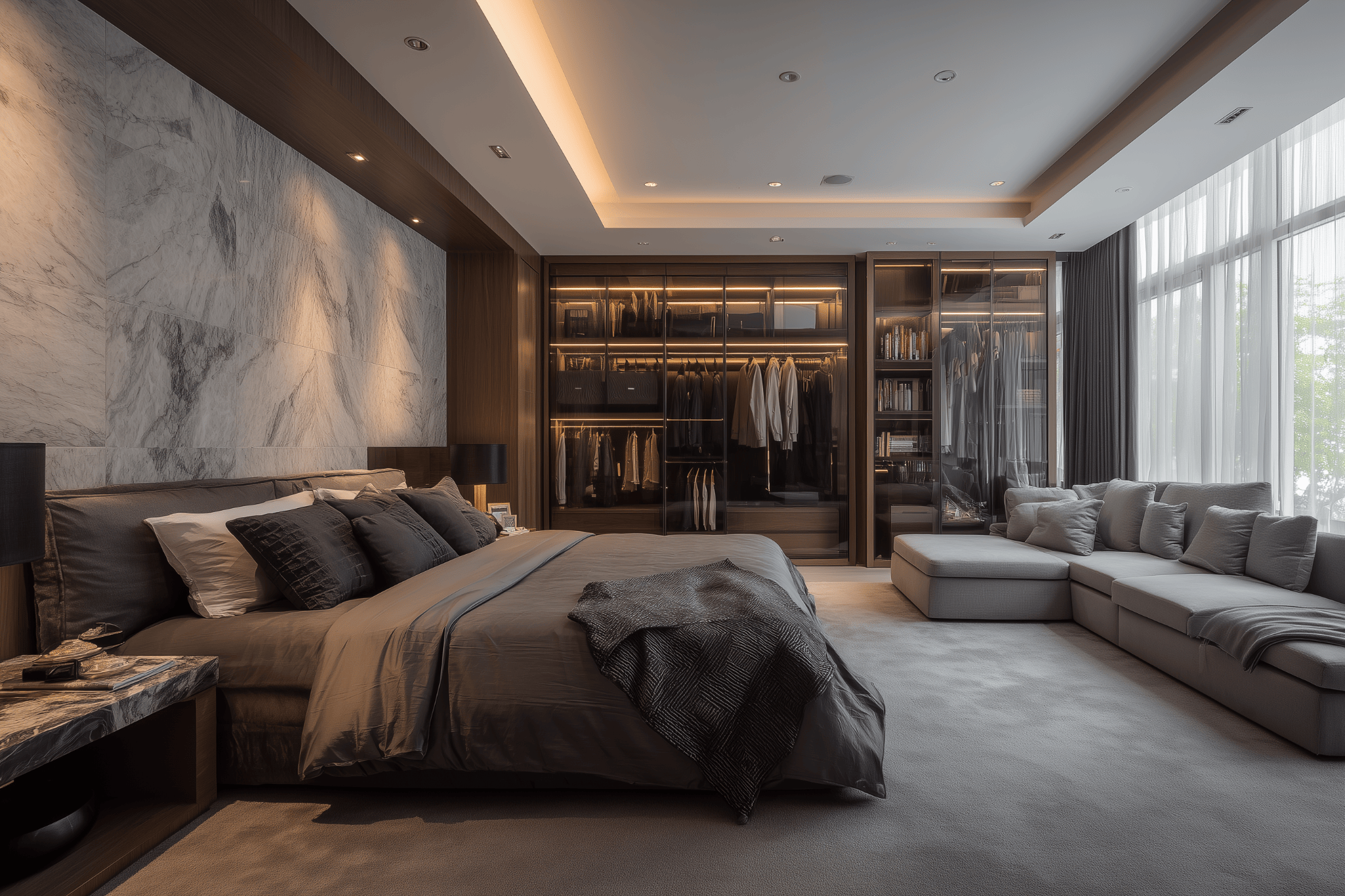 Contemporary small bedroom interior design with wardrobe display