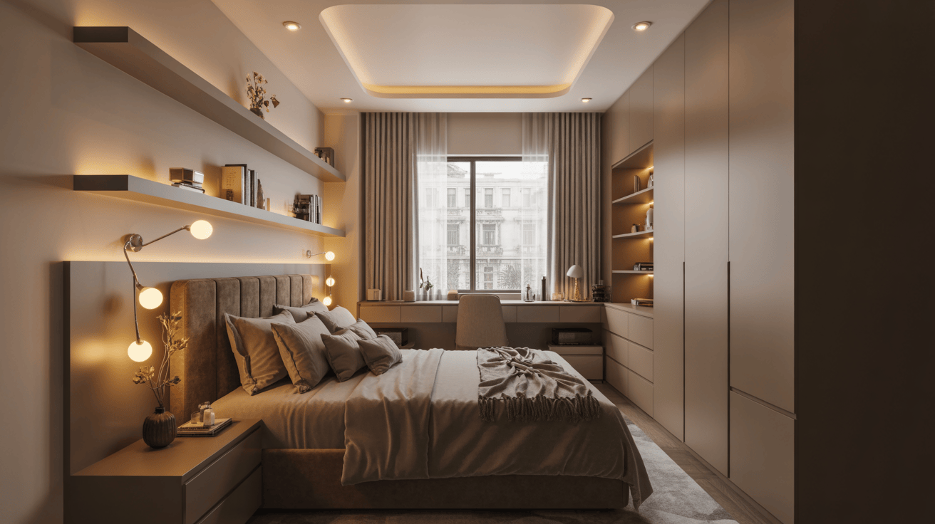 Stylish small bedroom interior design with layered wall shelves