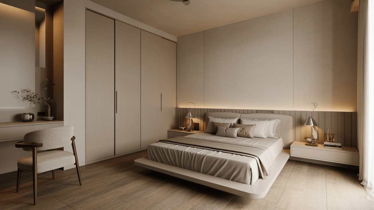 Minimal small bedroom interior design with neutral beige tones