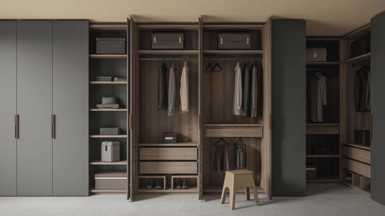 Sophisticated contemporary wardrobe design with organized storage sections