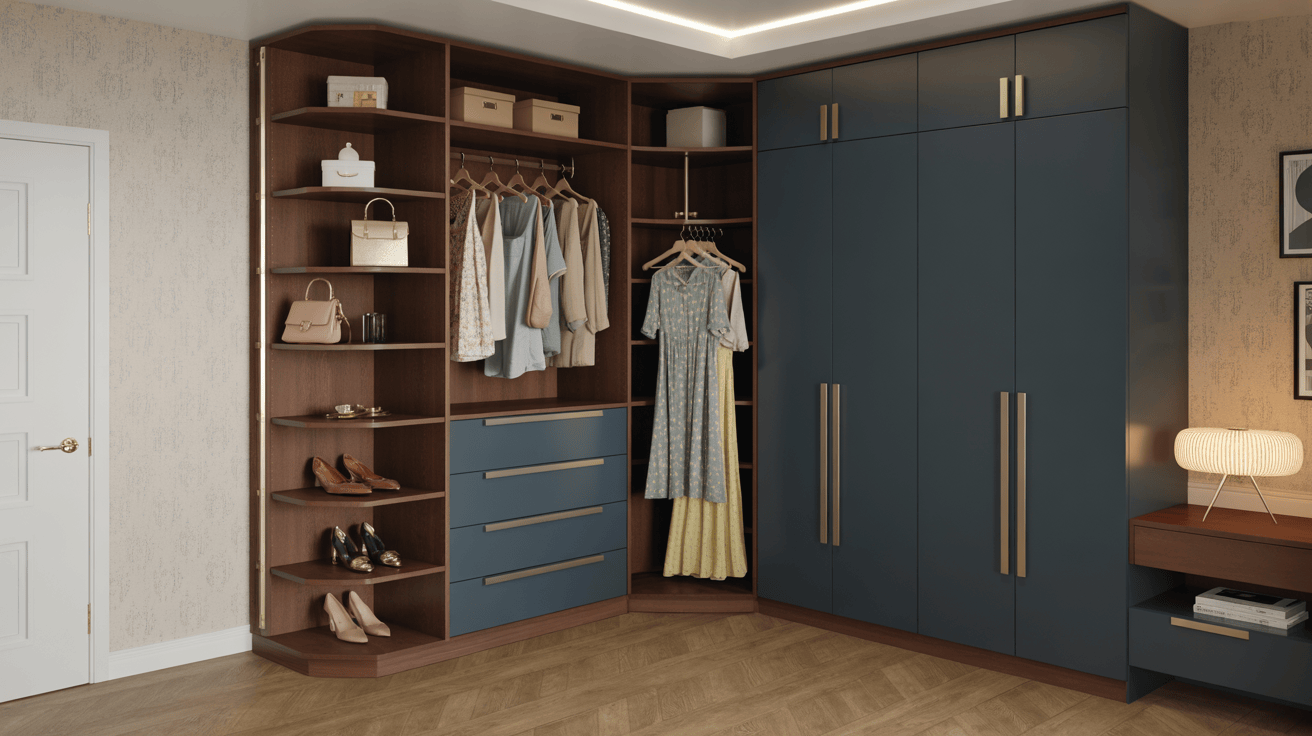 Luxury modern wardrobe design featuring open shelving and chic blue cabinetry