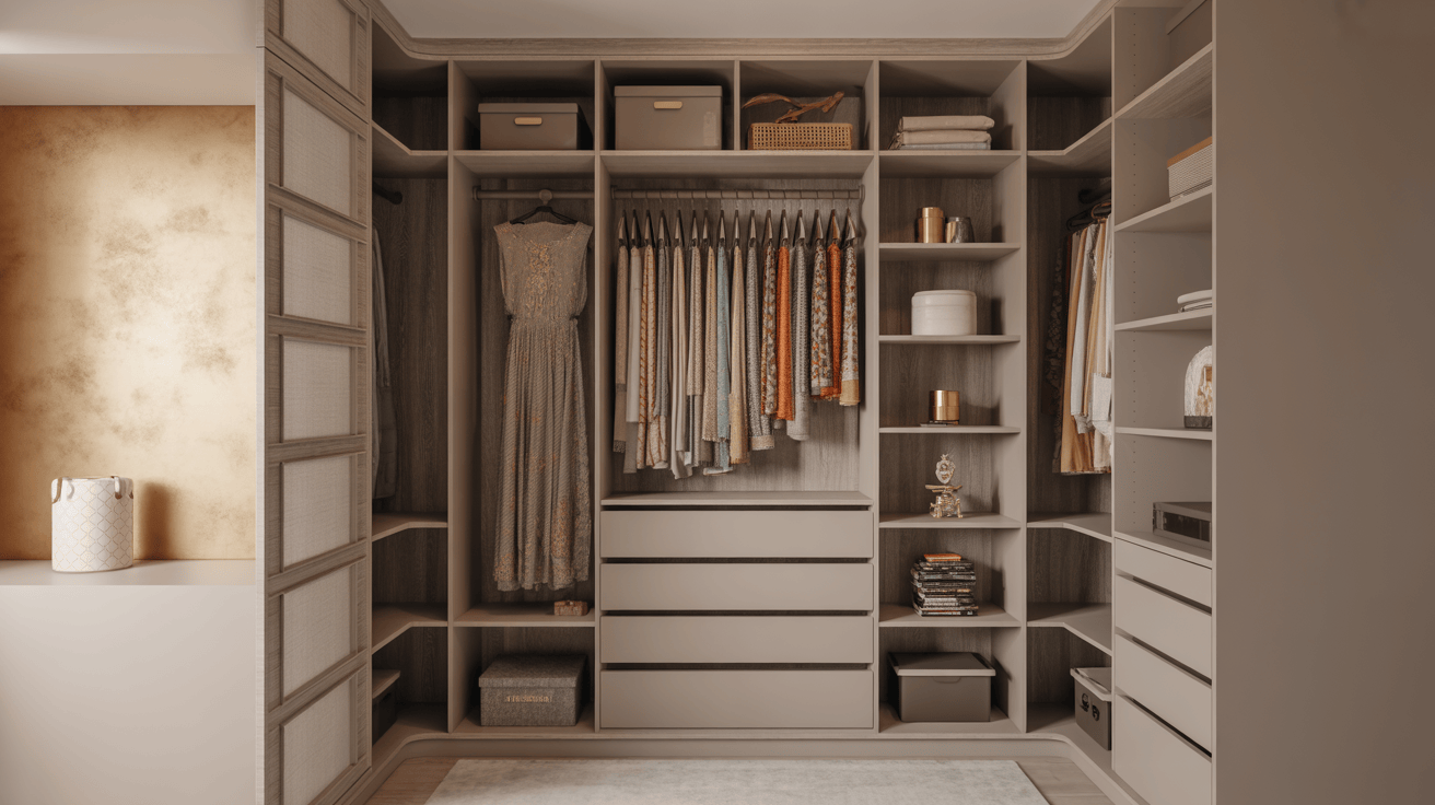 Elegant modern wardrobe design with open shelves and organized storage space