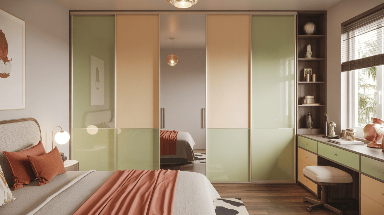 Glass-paneled modern wardrobe design with pastel sliding door accents