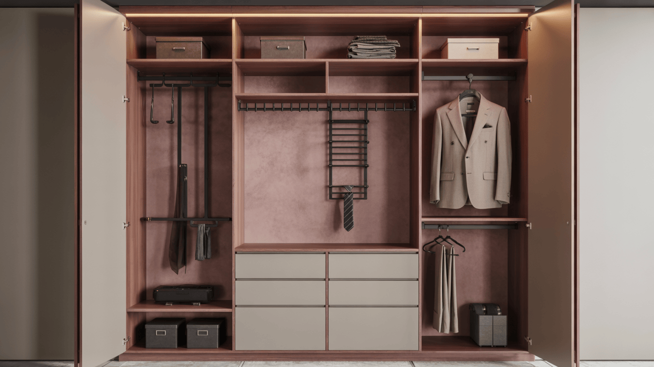 Modern wardrobe design with sophisticated compartments and organizers