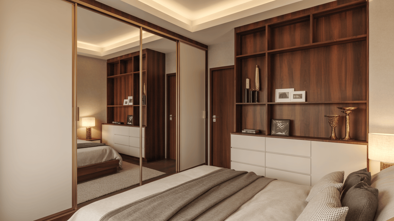 Elegant modern wardrobe design with sliding doors and reflective finish