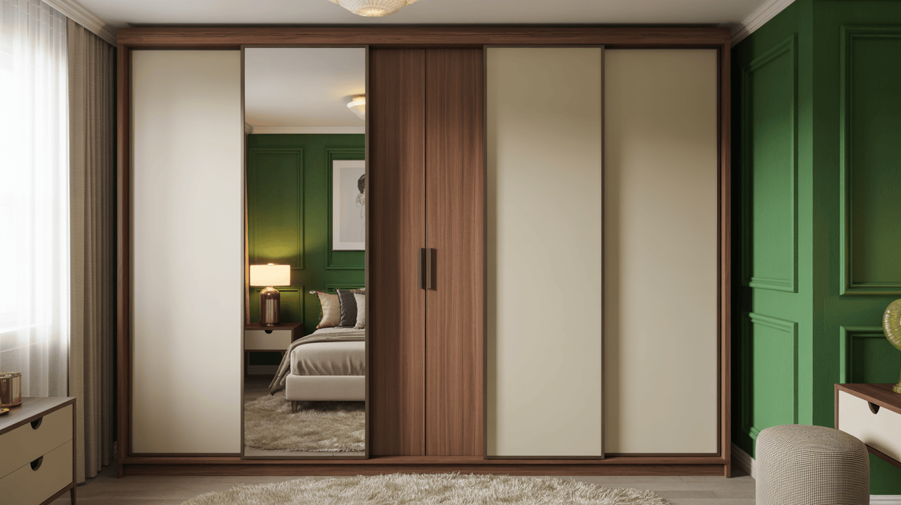 Chic modern wardrobe design with elegant wooden finish and sliding mirror doors