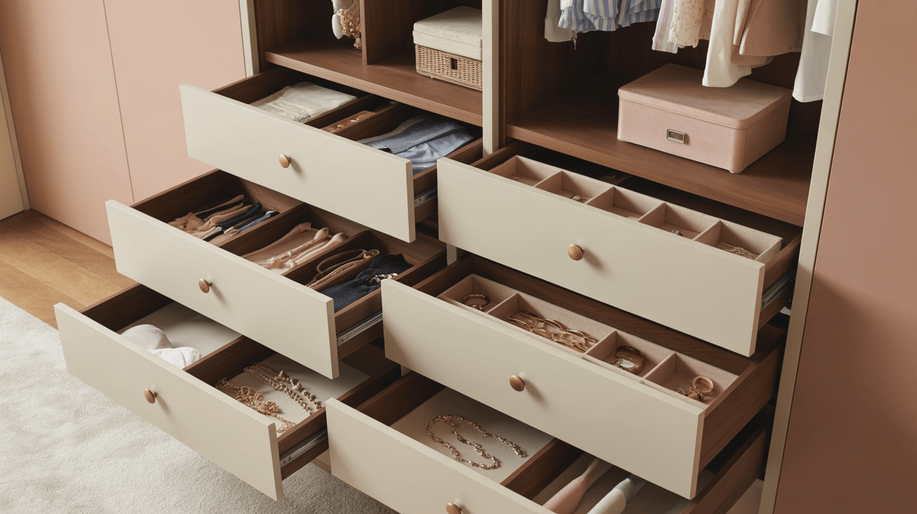 Stylish modern wardrobe design with organized drawers for jewelry and clothing