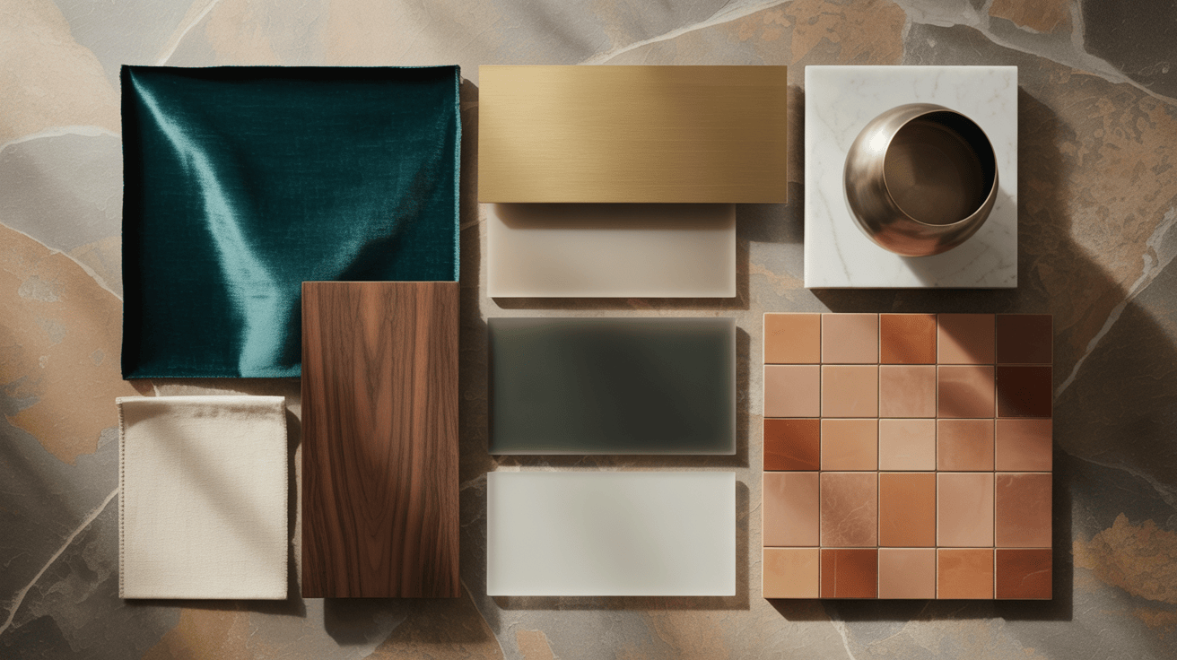 Palette for modern wardrobe design with bold textures and warm tones