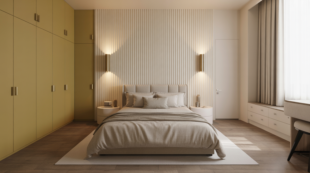 Minimalist contemporary wardrobe design with sleek matte gold shutters